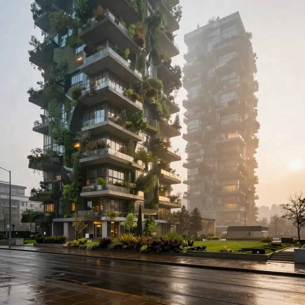 Le torri del Bosco Verticale dopo la pioggia, con terrazze verdi e strada bagnata in controluce.