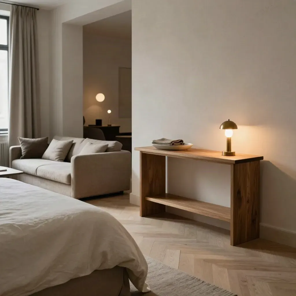 Suite di lusso vuota con letto rifatto, divano in lino e luce calda al crepuscolo