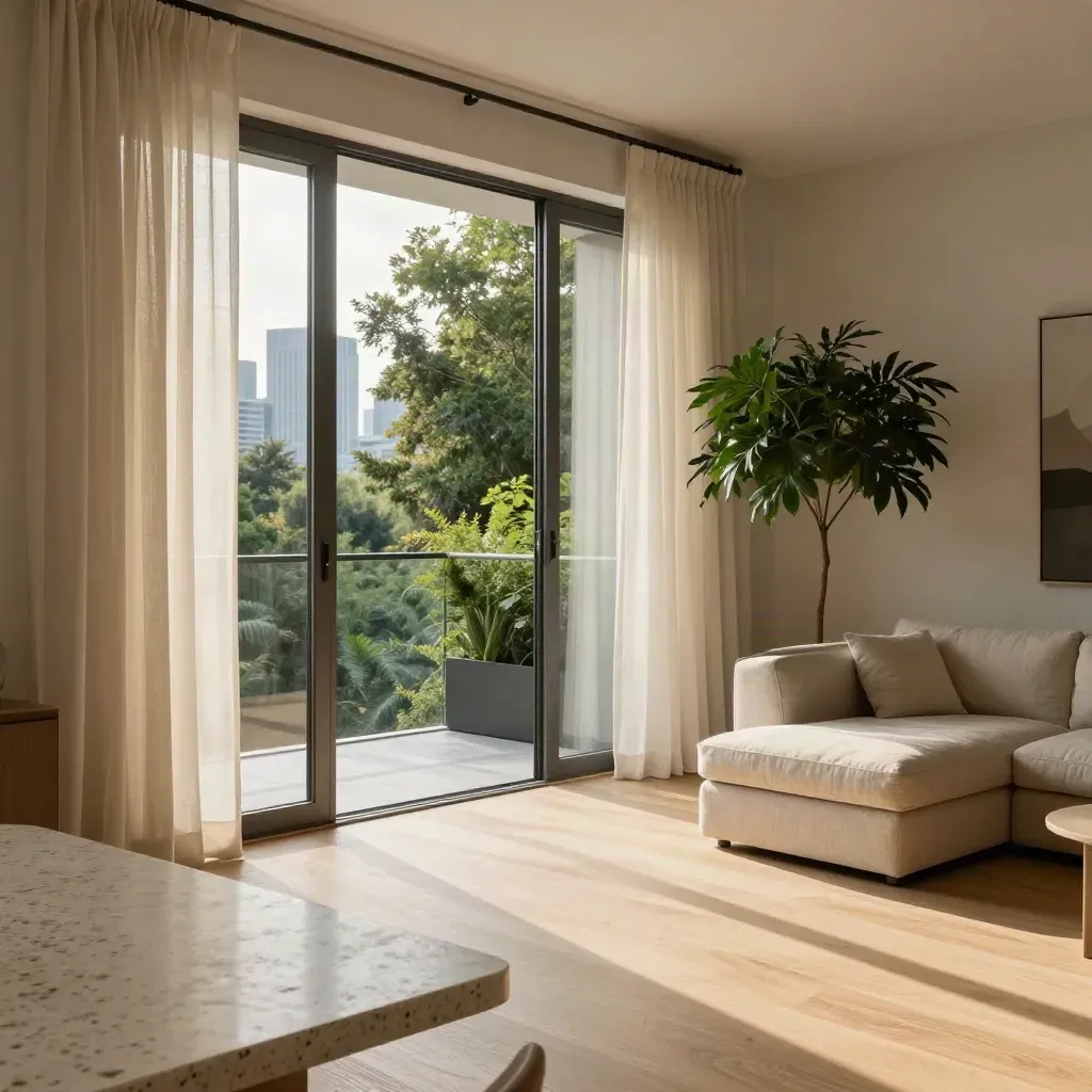 Appartamento finito con terrazza verde, pavimento in rovere e luce del pomeriggio.