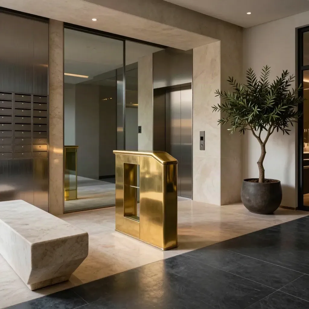 Lobby elegante con tornello in ottone, panca in pietra, casellario e ulivo in vaso.