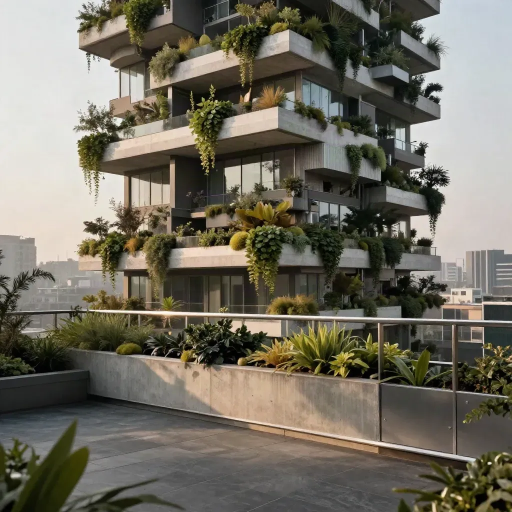 Dettaglio architettonico del Bosco Verticale con verde pensile, cemento e alluminio.