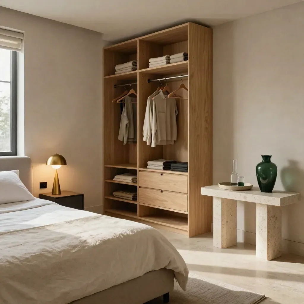 Suite elegante con letto rifatto, armadio aperto e luce mattutina calda.