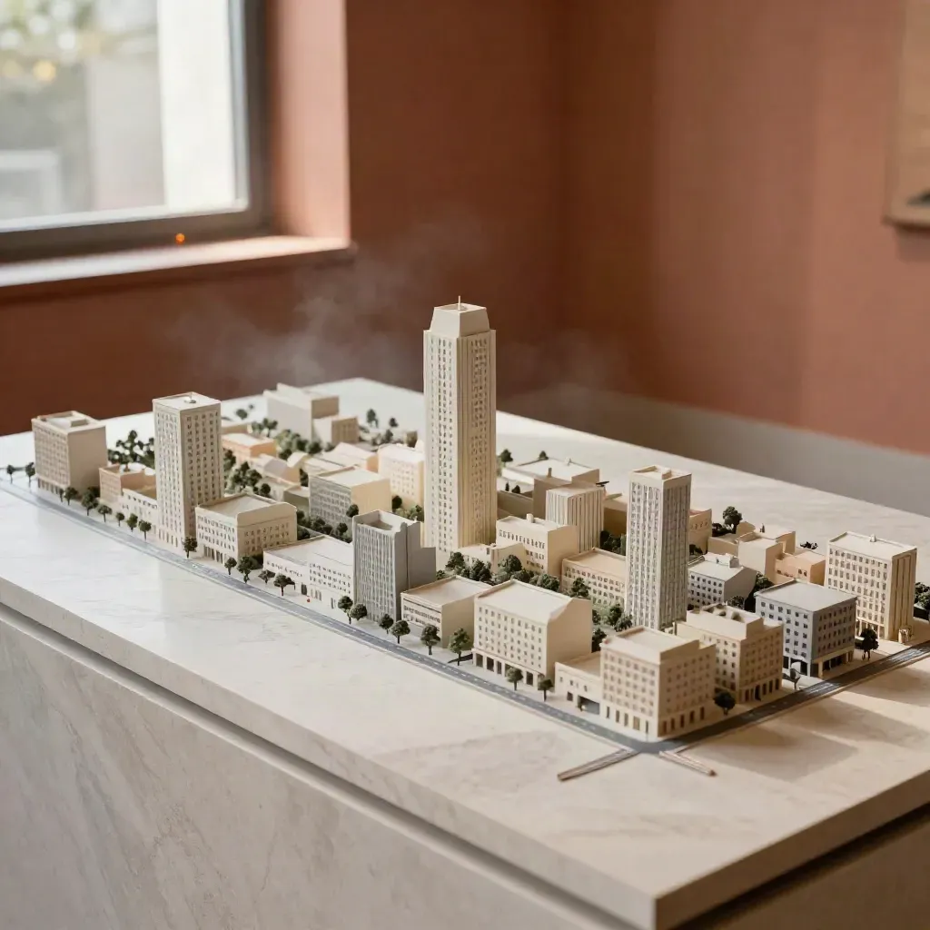 Modello fisico di Porta Nuova con torri, parchi e strade, in luce calda del pomeriggio.