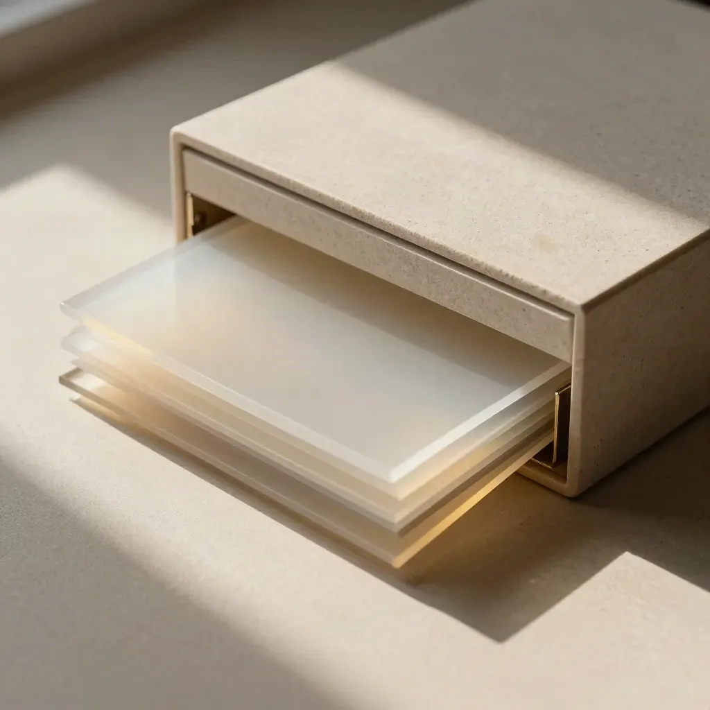 Box di presentazione aperto con planimetrie su acetato, maquette e campione di pietra.