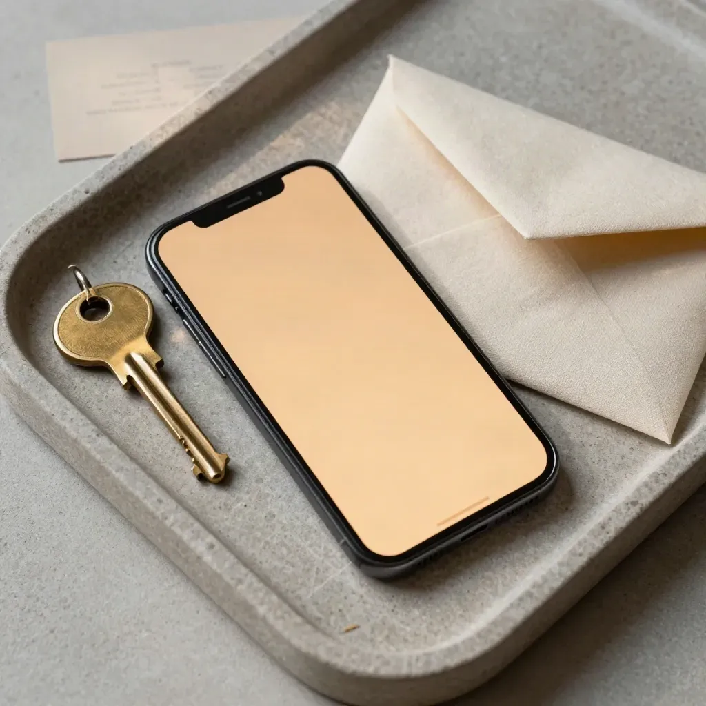Flatlay dall’alto con smartphone, chiave in ottone e busta di lino su vassoio in pietra.