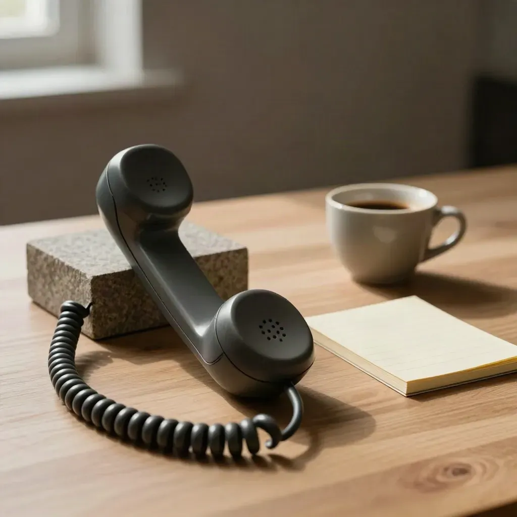 Telefono con filo, taccuino bianco e tazzina di espresso su legno e pietra, luce morbida.