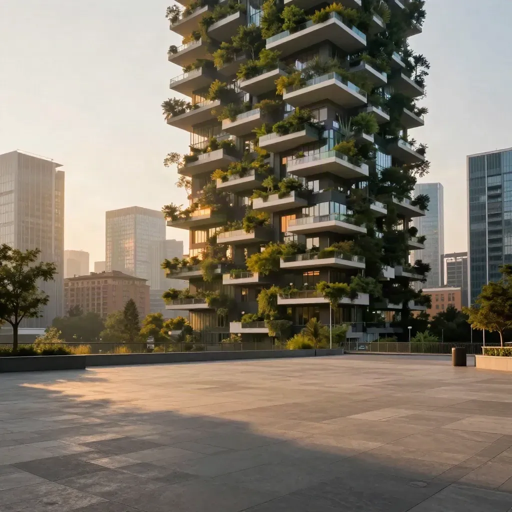 Le torri Bosco Verticale al tramonto con skyline di Milano e piazza in pietra calma