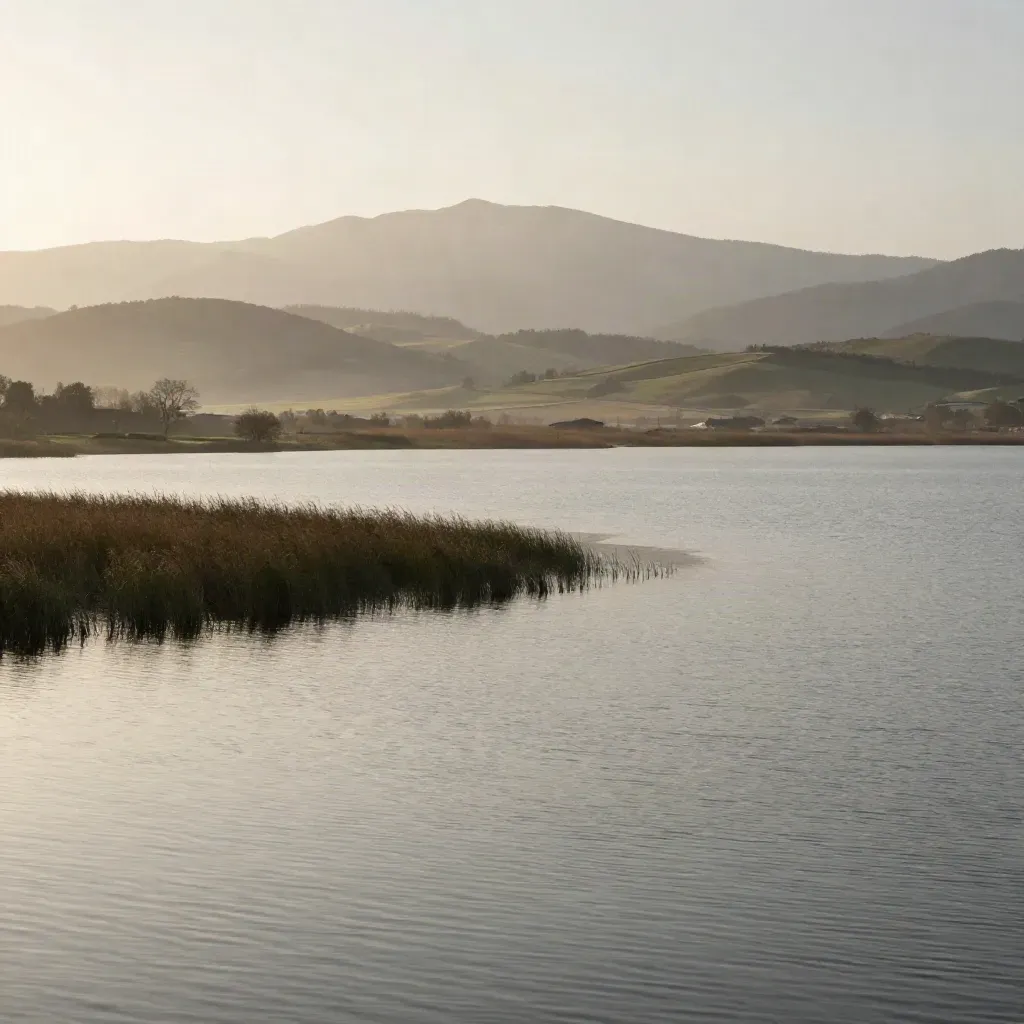 Laghi lombardi e Alpi lontane avvolti nella foschia, con acqua ferma e luce dorata.