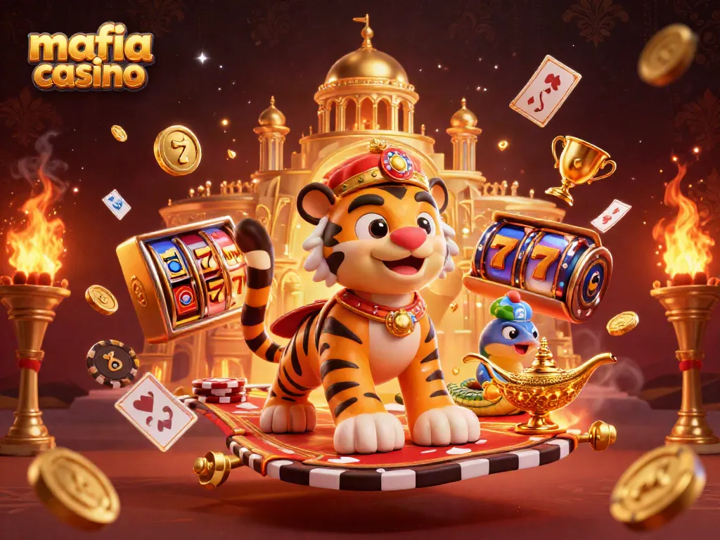 Mafia casino themed 3D illustration showcasing a tiger sultan and magic snake, featuring vibrant slot elements.