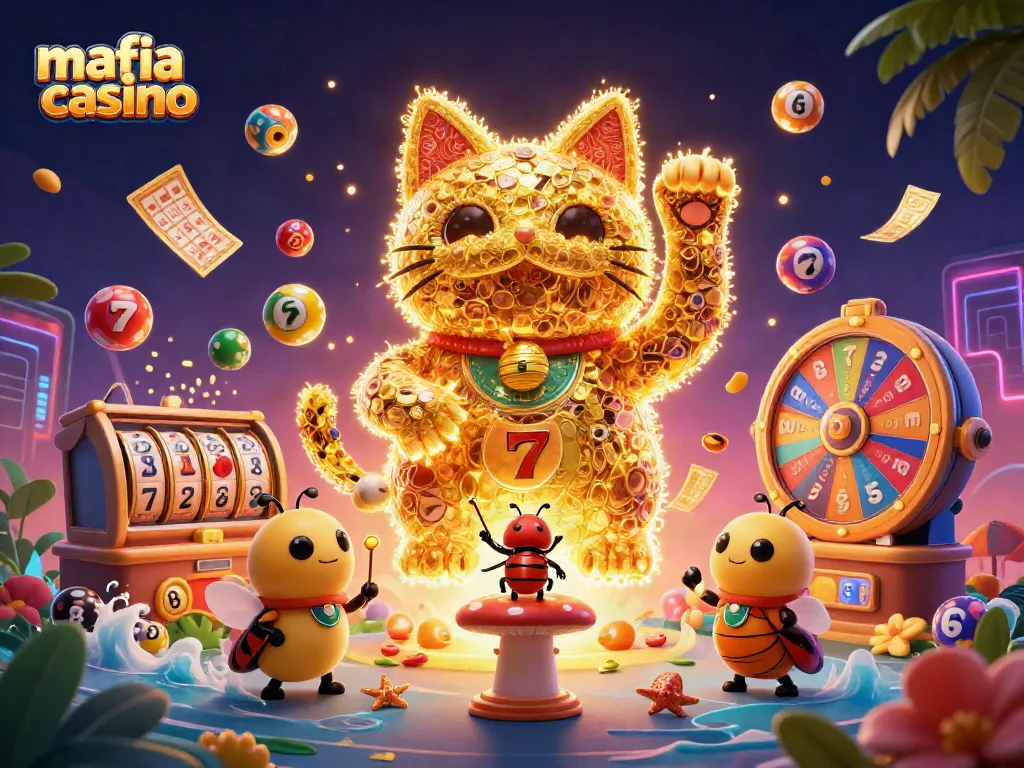 Join the excitement of mafia casino with vibrant slots and colorful game elements dancing around!